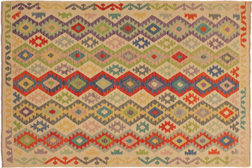 Flat Weave Kilim, Antique, Navaho, Vintage, Handmade, Geometric Kilim Beige Red Hand-Woven Rectangle 100% Wool Area Rug 7 x 10